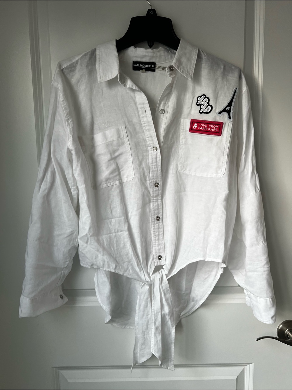 Karl Lagerfeld White Button-Down Tie-Front Shirt with Patches